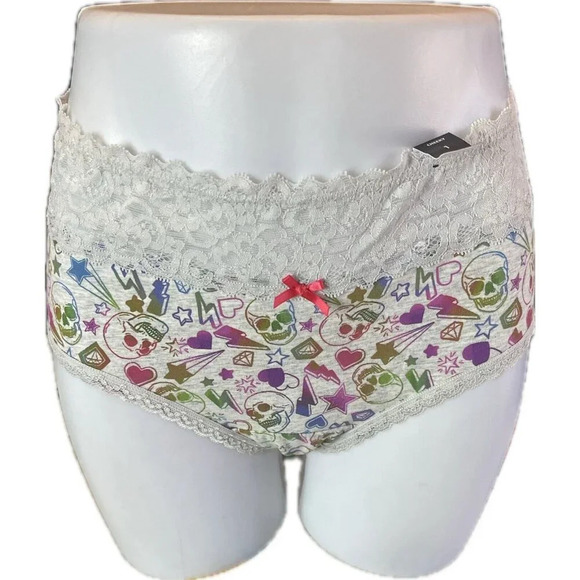 Torrid 0 Gray Electric Skull-Heart Print Scallop Lace Waistband Cheeky Panties - Picture 2 of 5